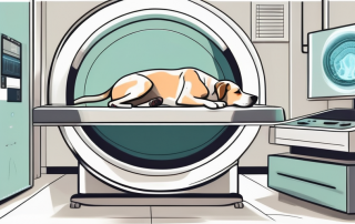 A dog lying calmly inside an open mri machine in a veterinary clinic setting