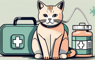 A contented cat sitting beside a first aid kit and a stethoscope