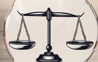 A balanced scale with legal documents on one side and a shield symbolizing insurance on the other side