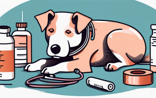 A worried dog sitting next to a pile of medical supplies such as bandages
