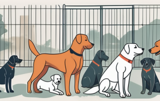 A variety of dog breeds happily playing in a secure