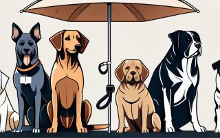 A variety of dog breeds standing together under a large umbrella