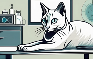 A cat sitting calmly on a vet's examination table with an x-ray machine nearby