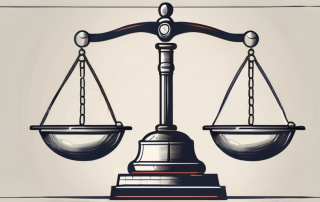 A balance scale with a shield symbolizing protection on one side and a gavel symbolizing law on the other