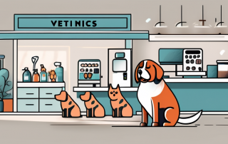 A veterinary clinic with various animals like dogs and cats