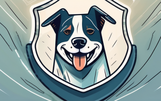 A happy and healthy dog with a safety shield symbol