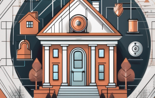 A residential building surrounded by various insurance protection symbols like a shield