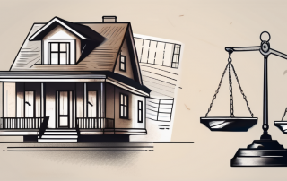 A balanced scale with legal documents on one side and a house on the other