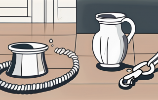 A dog leash and collar next to a broken vase