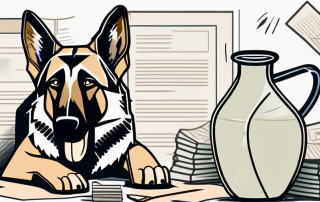 A german shepherd dog sitting next to a broken vase