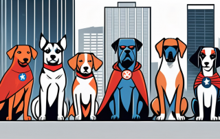 Several dogs of different breeds wearing superhero capes