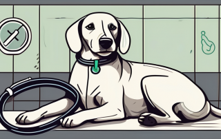 A dog calmly laying down with a stethoscope on its stomach