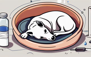 A sick dog lying on a pet bed with a thermometer and medicine nearby