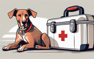 A worried dog sitting next to a first aid kit and a stethoscope