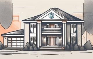 A residential building with a symbolic insurance shield hovering over it