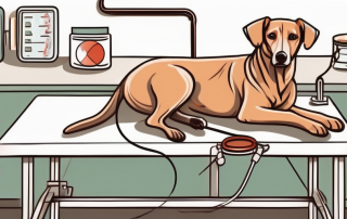 A dog lying down on a veterinary examination table with a stethoscope