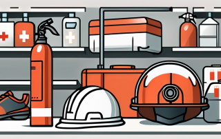 A workplace setting with various safety equipment like helmets