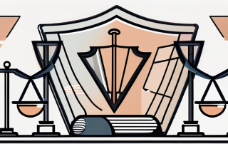 A balanced scale with legal documents on one side and a shield symbolizing insurance on the other