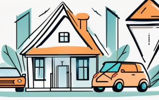 A safety shield symbolizing protection next to a house and car