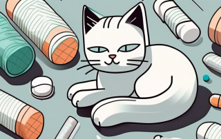 A cat sitting on a pile of medical supplies like bandages
