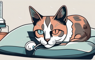 A sickly cat resting on a soft cushion with a thermometer and a stethoscope nearby