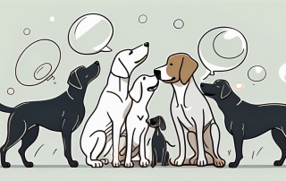 Several different breeds of dogs happily playing together