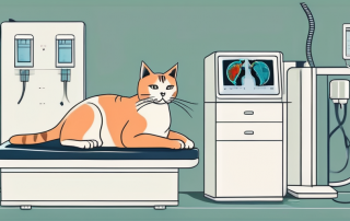 A cat sitting on a vet examination table next to a ct scan machine