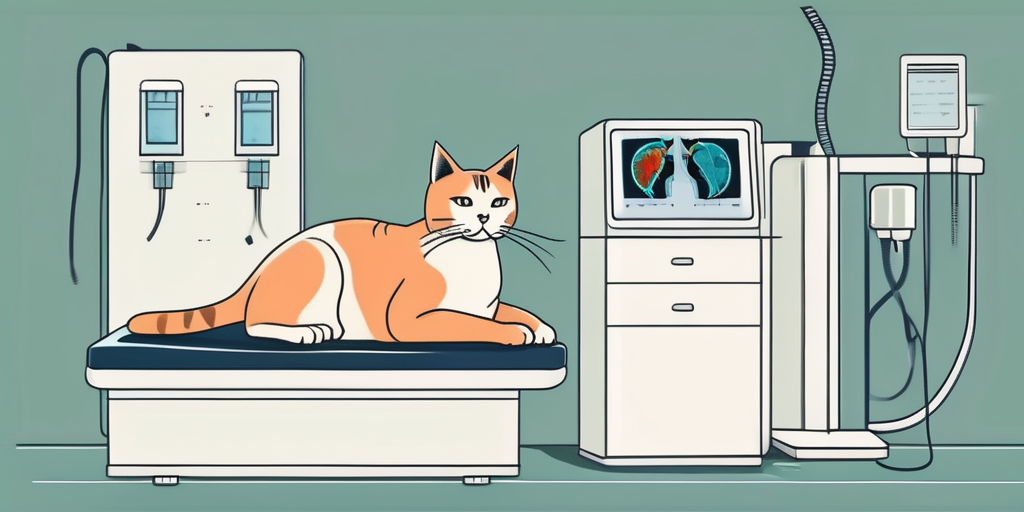 A cat sitting on a vet examination table next to a ct scan machine