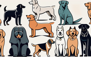 Several different dog breeds standing on a large scale