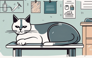 A cat sitting on an examination table at a vet's office with various medical equipment and a price tag attached to each item
