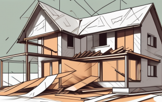A house under construction with various insurance policy papers scattered around