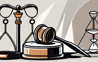 A broken wedding ring next to a gavel and an hourglass