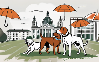 Several dogs of different breeds playing together in a park with recognizable landmarks of hessen in the background