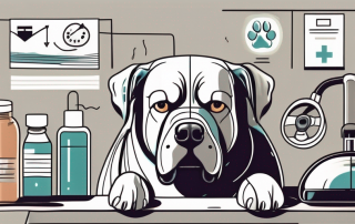 A worried pet surrounded by various medical equipment and a large invoice