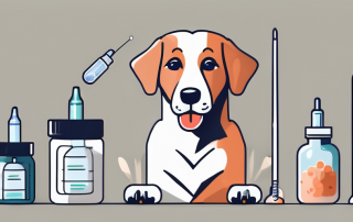 A dog sitting patiently with a veterinary syringe and a few vaccine vials nearby