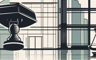 A scale balancing a corporate building and a gavel