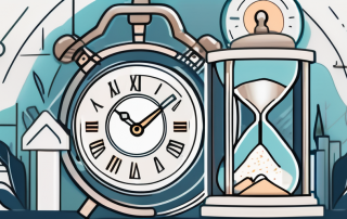 A safe surrounded by various symbols of time such as an hourglass