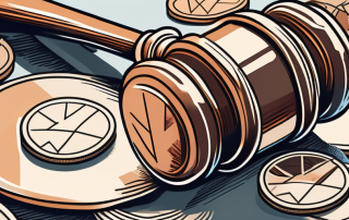 A broken gavel next to a pile of coins