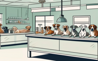 A vet's office with various dog breeds waiting patiently