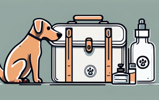 A dog sitting next to a veterinarian's medical bag with a syringe and a vial labeled with a rabies icon