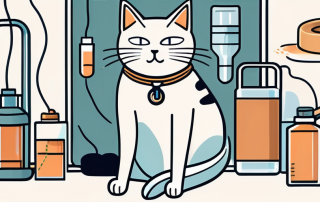 A contented cat sitting next to a safety shield