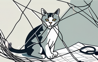A cat playfully entangled in a safety net
