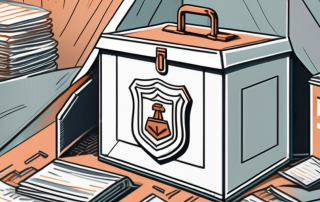 A safety box surrounded by insurance policy papers and a shield symbolizing security
