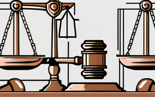 A scale balancing a gavel and a shield
