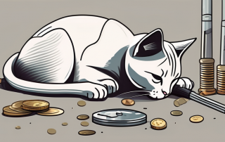 A cat sitting next to a veterinary syringe and a small pile of coins
