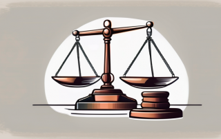 A balanced scale with a gavel on one side and a shield on the other