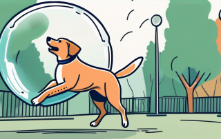 A dog happily playing in a park with a safety bubble around it