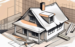 A house under construction with various insurance policy papers scattered around it