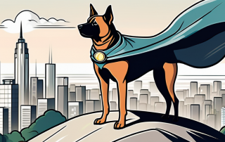 A well-protected dog wearing a superhero cape