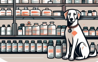 A dog sitting patiently next to a set of vaccines